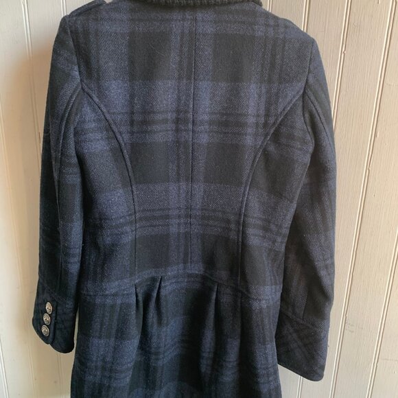 Guess Women's Blue Black Plaid Double Breast Wool Pea Coat Knit Collar Military - Picture 5 of 16